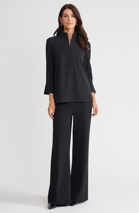 Stretch Deco Crepe Zip Front Pullover Blouse