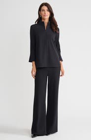 Ming Wang Stretch Deco Crepe Zip Front Pullover Blouse