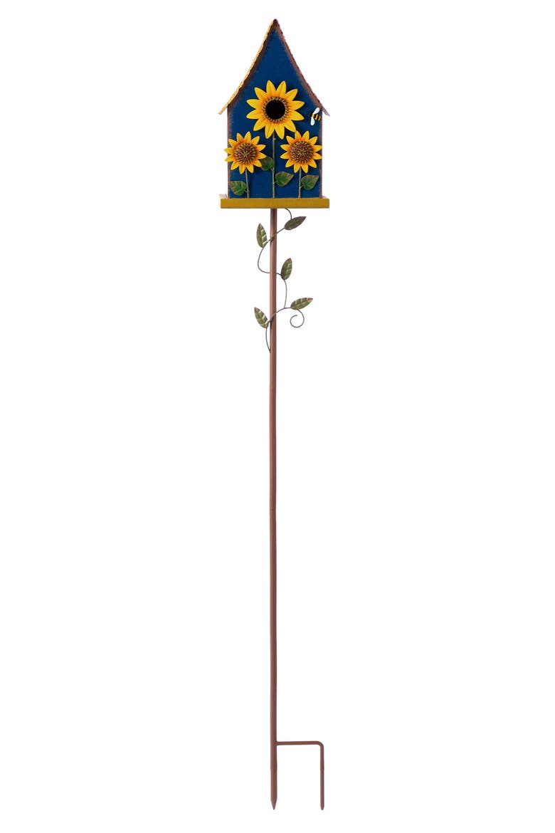 52"H Metal Daisy Decorative Garden Birdhouse with Stake, Main, color, Blue