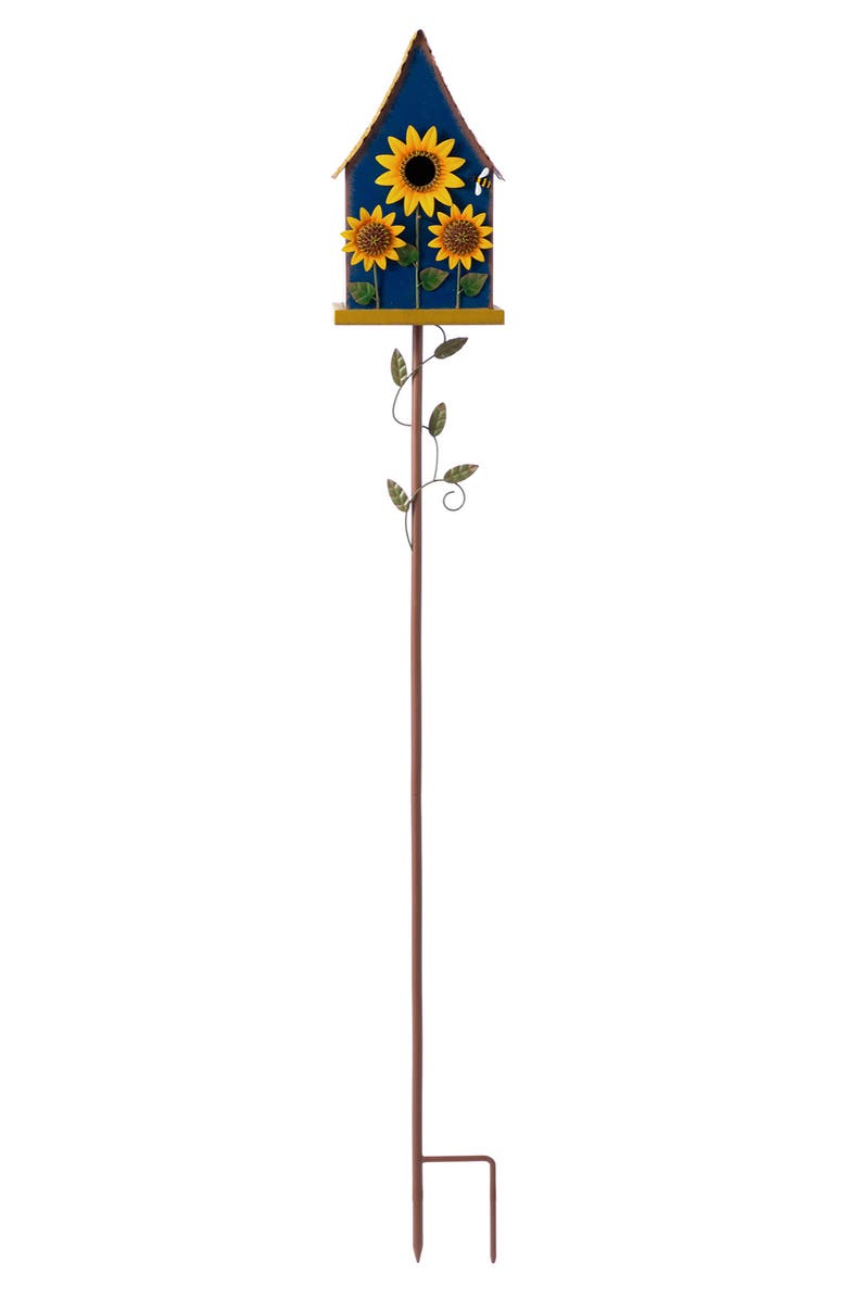 Glitzhome 52"H Metal Daisy Decorative Garden Birdhouse with Stake, Main, color, Blue