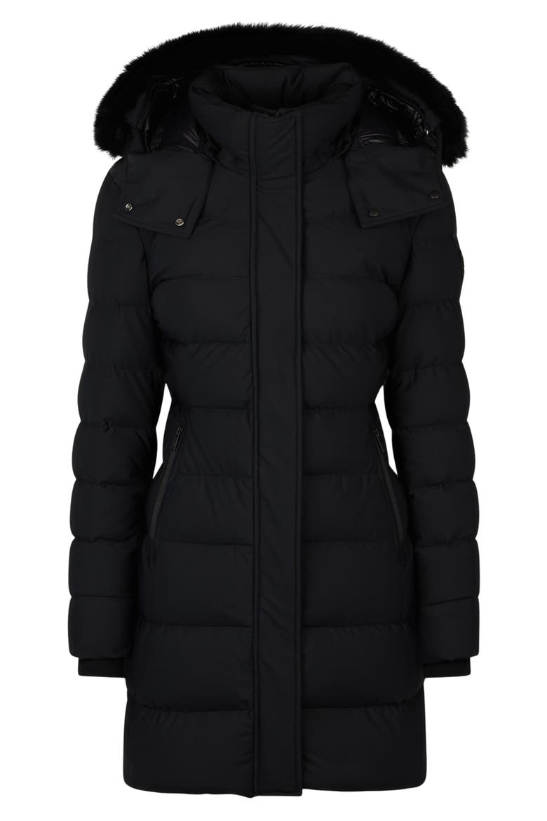 Watershed 3 Water Resistant 800 Fill Power Down Puffer Coat with Genuine Shearling Trim Removable Hood, Main, color, BLK W/BLK SH - 305