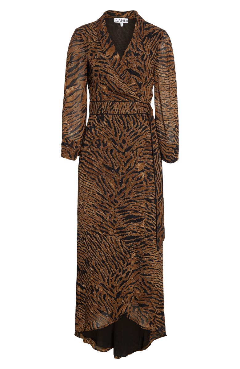 Ganni Tiger Print Georgette Midi Wrap Dress, Alternate, color,
