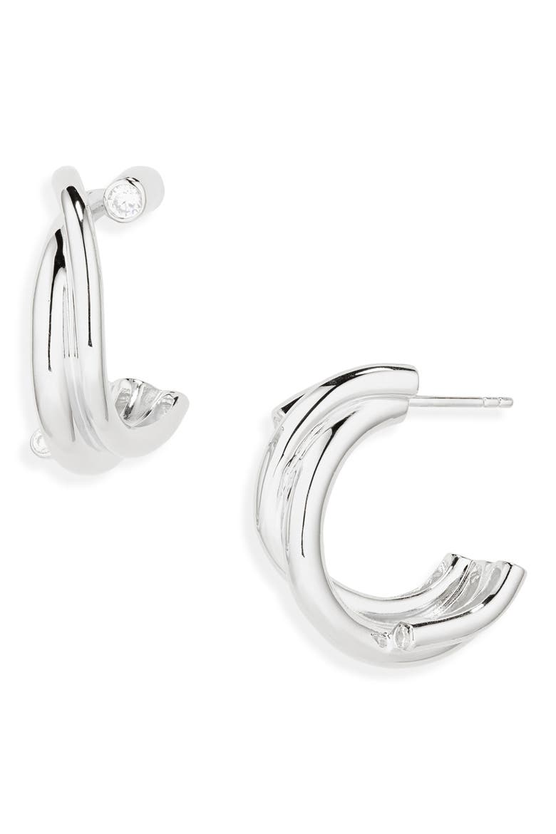 Cubic Zirconia Hoop Earrings, Main, color, SILVER PLATED