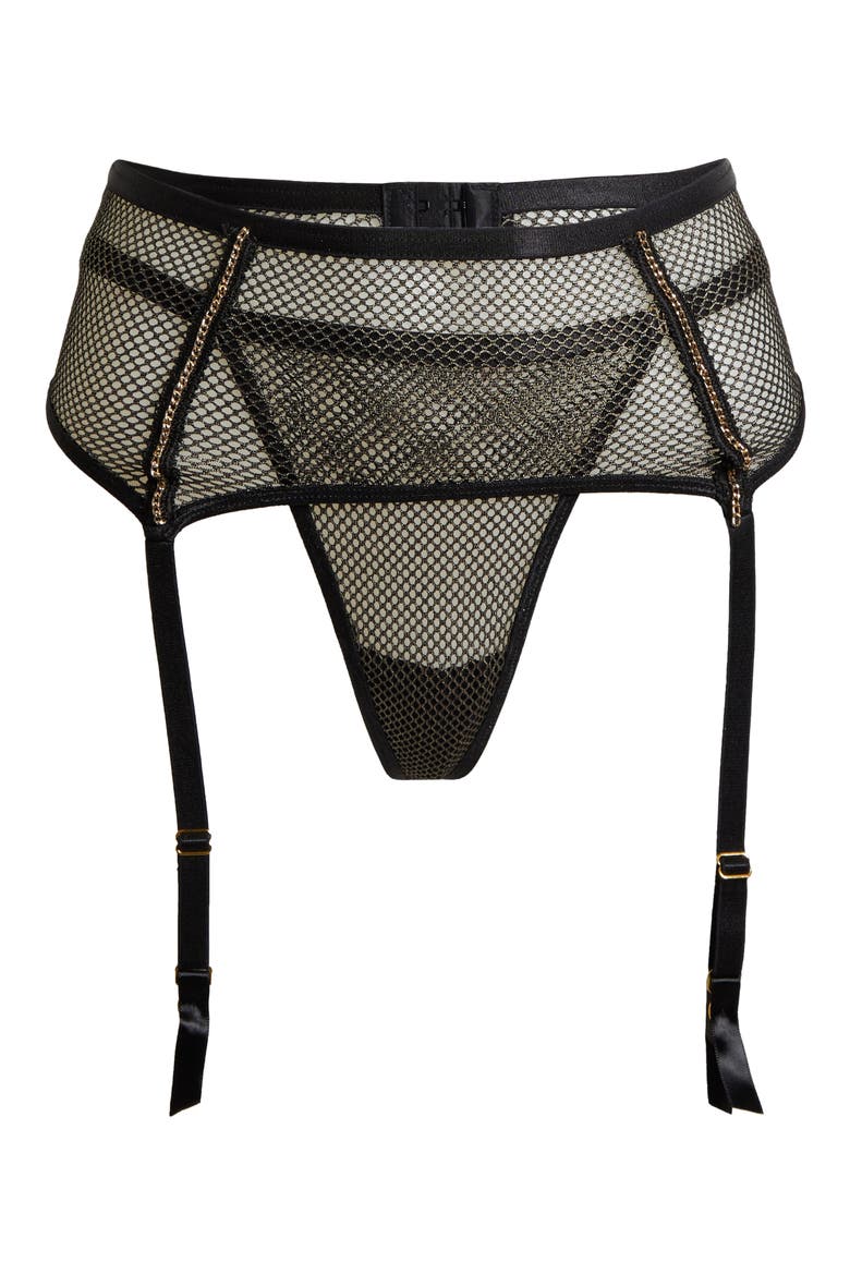 Shimmery Fishnet Thong & Garter Belt Set, Alternate, color, BLACK