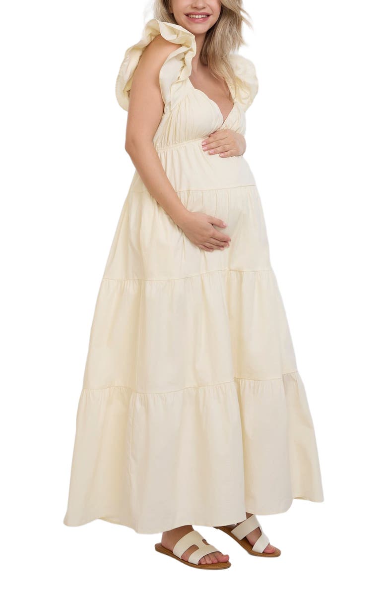 MOTHERHOOD MATERNITY Ruffle Sleeve Tie-Back Maternity Maxi Dress, Alternate, color, Winter White