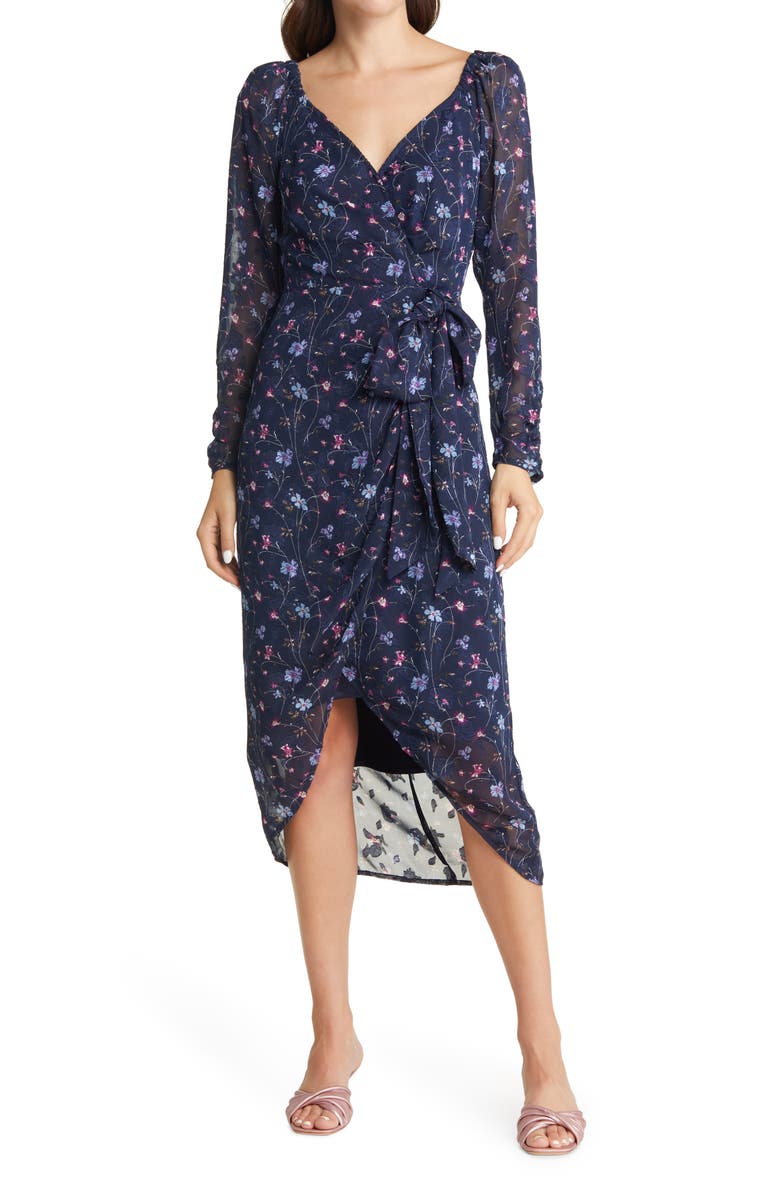 FLORET STUDIOS Floral Wrap Front Long Sleeve Midi Dress, Main, color,
