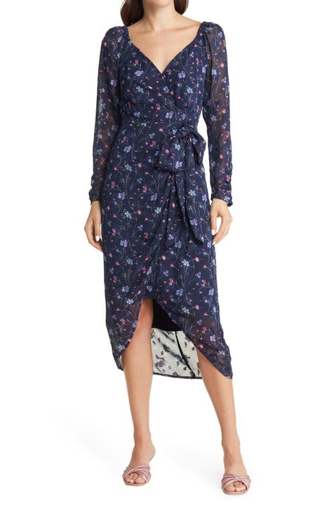 Floral Wrap Front Long Sleeve Midi Dress