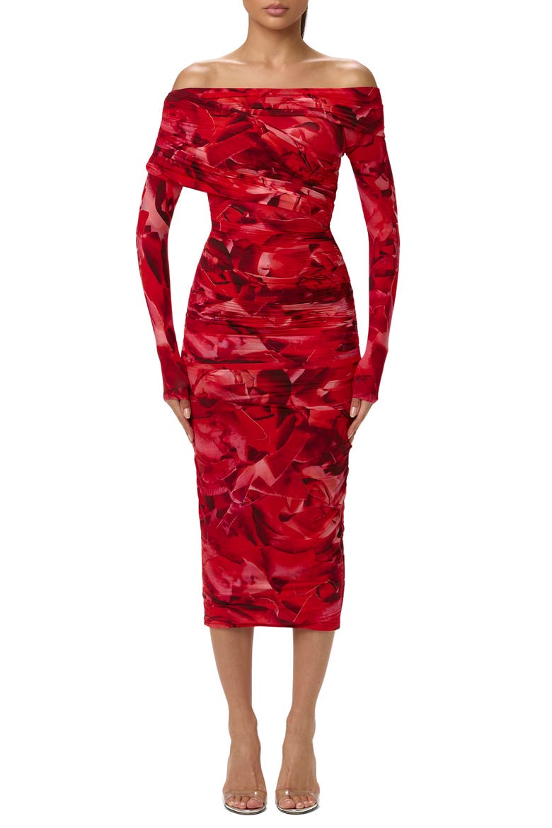 Bare Body Print Off the Shoulder Long Sleeve Midi Dress, Main, color, ROUGE ROSE