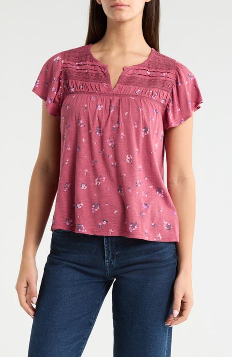 Floral Flutter Sleeve Cotton Blend Top
