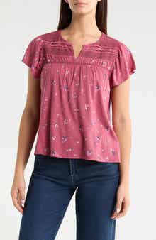 Lucky Brand Floral Flutter Sleeve Cotton Blend Top