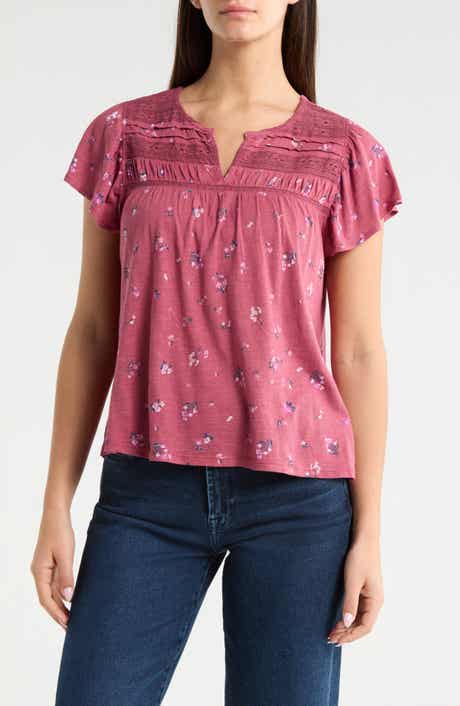 Lucky Brand Floral Flutter Sleeve Cotton Blend Top