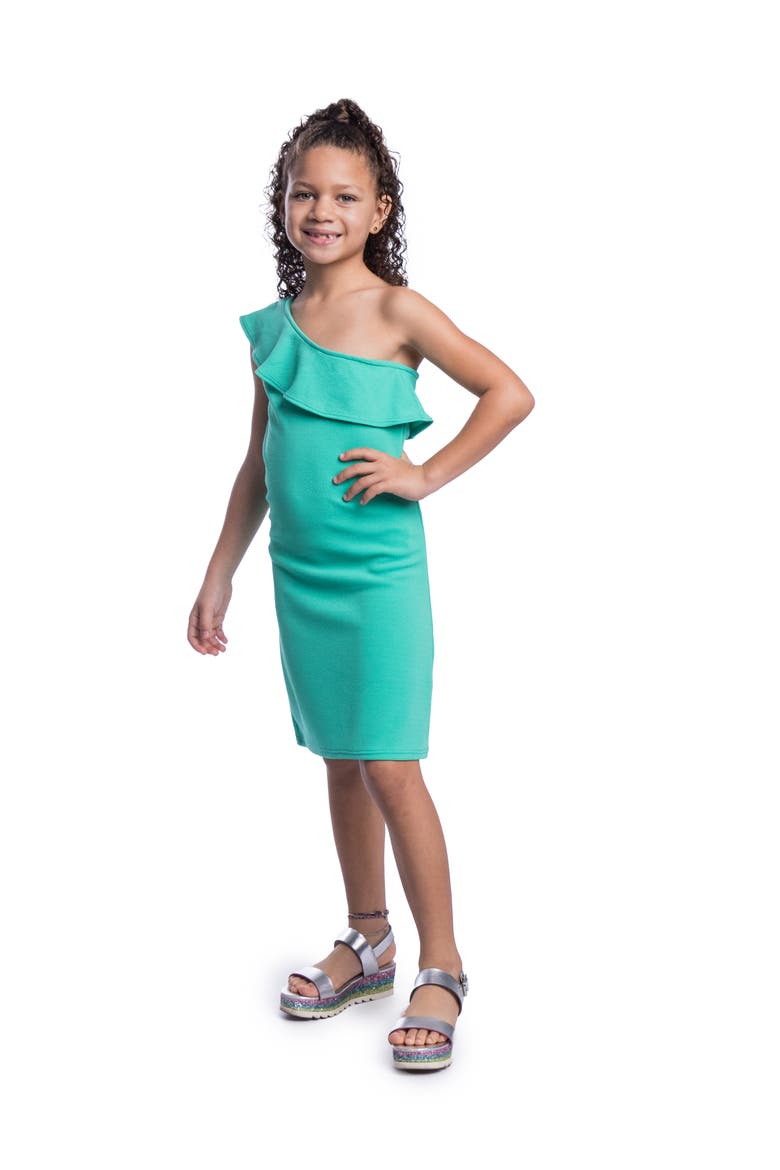 Solid Color One Shoulder Ruffle Knee Length Dress, Alternate, color, Jade