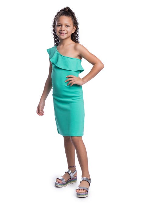 24sevenkid Solid Color One Shoulder Ruffle Knee Length Dress In Green