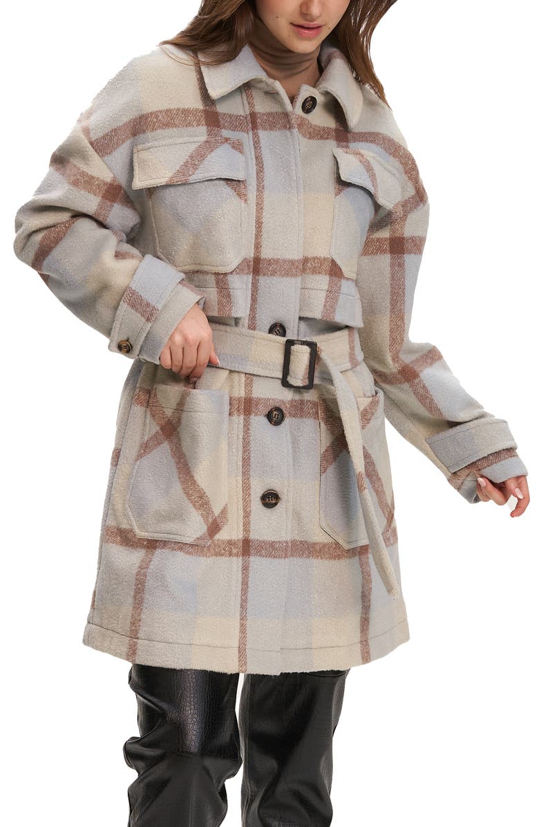 Noize Esly Plaid Belted Brushed Coat, Main, color, Oat