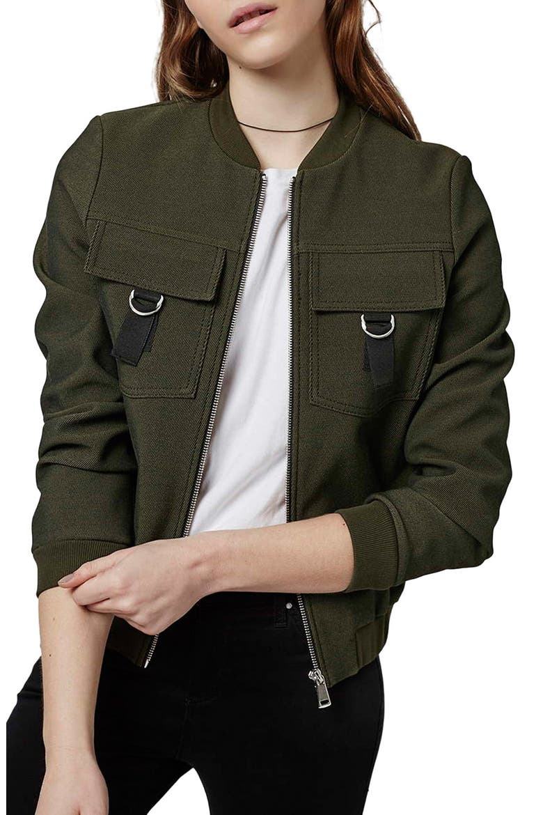 D-Ring Detail Twill Bomber Jacket, Main, color, OLIVE