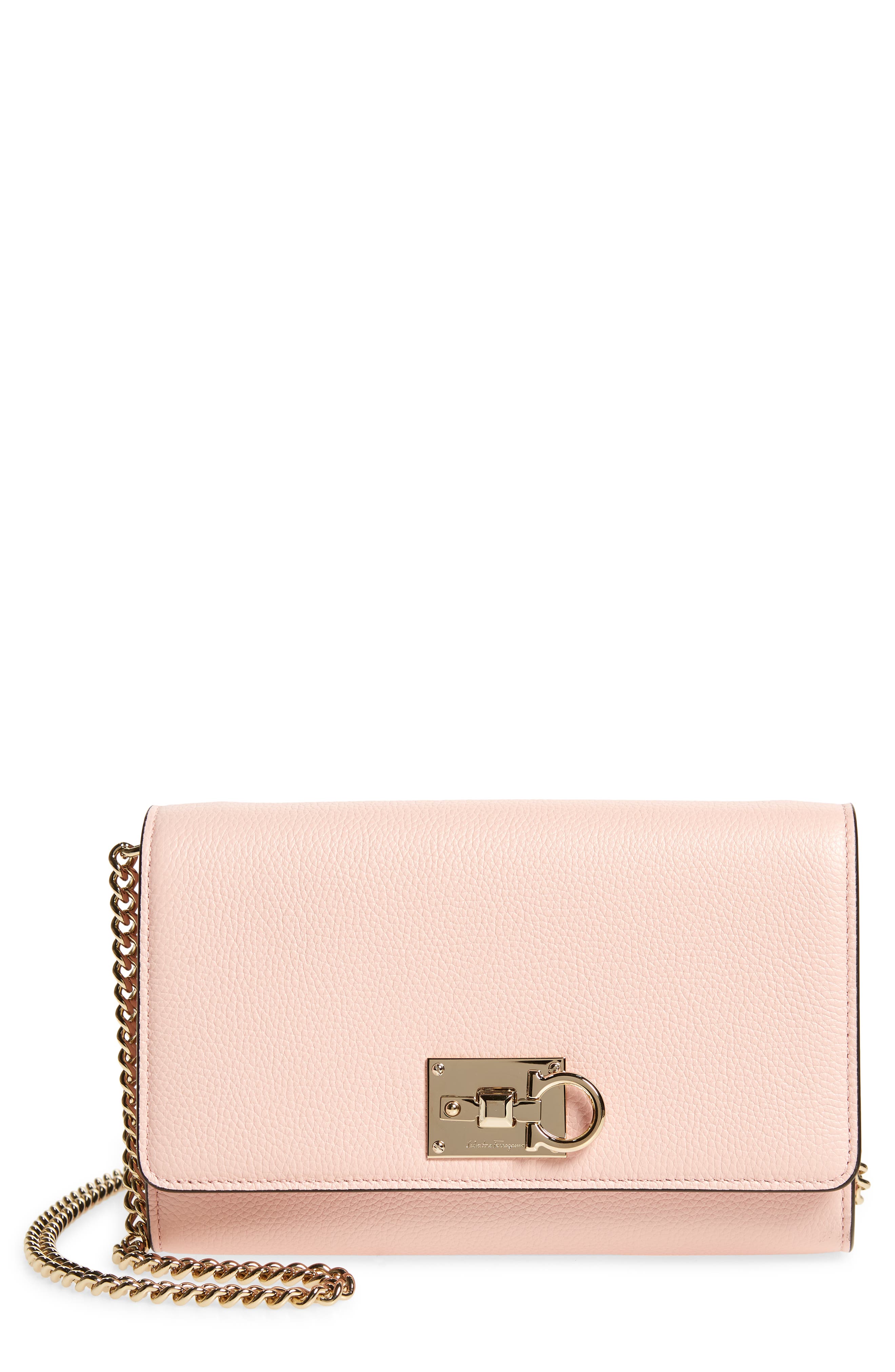 Salvatore Ferragamo The Studio Grainy Leather Wallet on a Chain, Main, color, NYLUND PINK