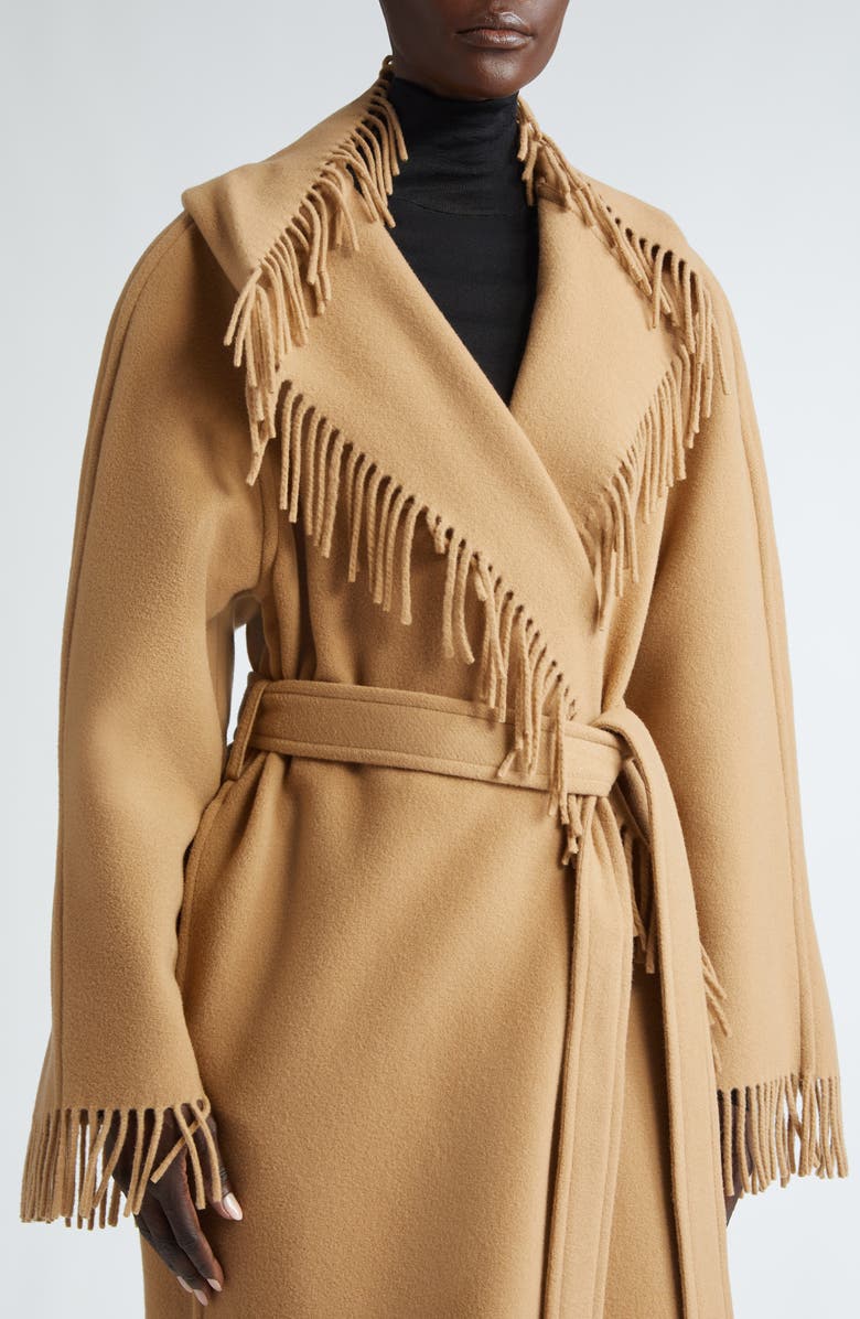 Fringe Wool Hooded Wrap Coat