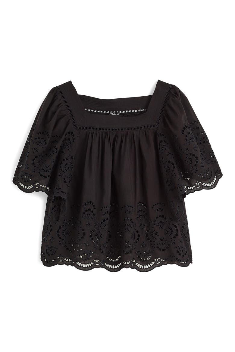 Eyelet Flutter Sleeve Cotton Blend Top, Alternate, color, JET BLACK