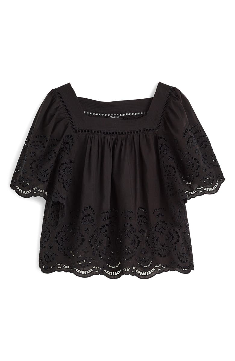 Madewell Eyelet Flutter Sleeve Cotton Blend Top, Alternate, color, 
