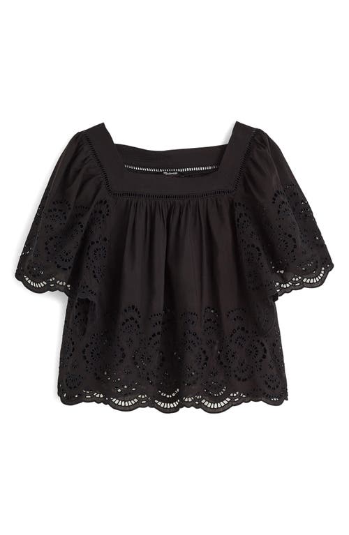 Madewell Eyelet Flutter Sleeve Cotton Blend Top In Black