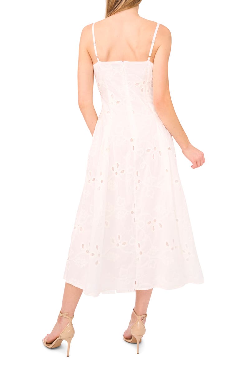 CeCe Embroidered Godet Pleat Cotton A-Line Dress, Alternate, color, Ultra White