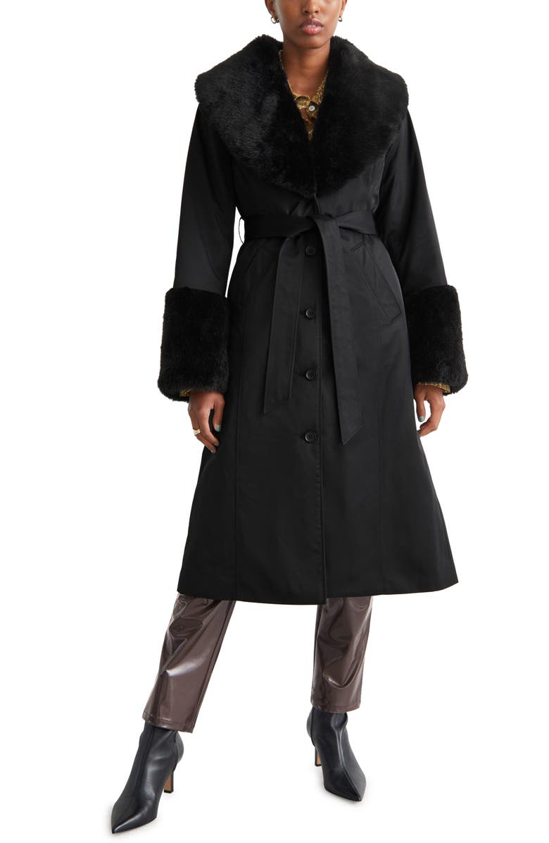 & Other Stories Faux Fur Trim Wrap Coat, Main, color, 