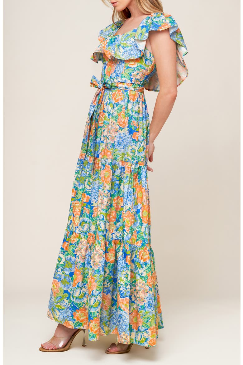 Floral Ruffle Cap Sleeve Cotton Maxi Dress, Alternate, color, CORAL/ POWDER BLUE