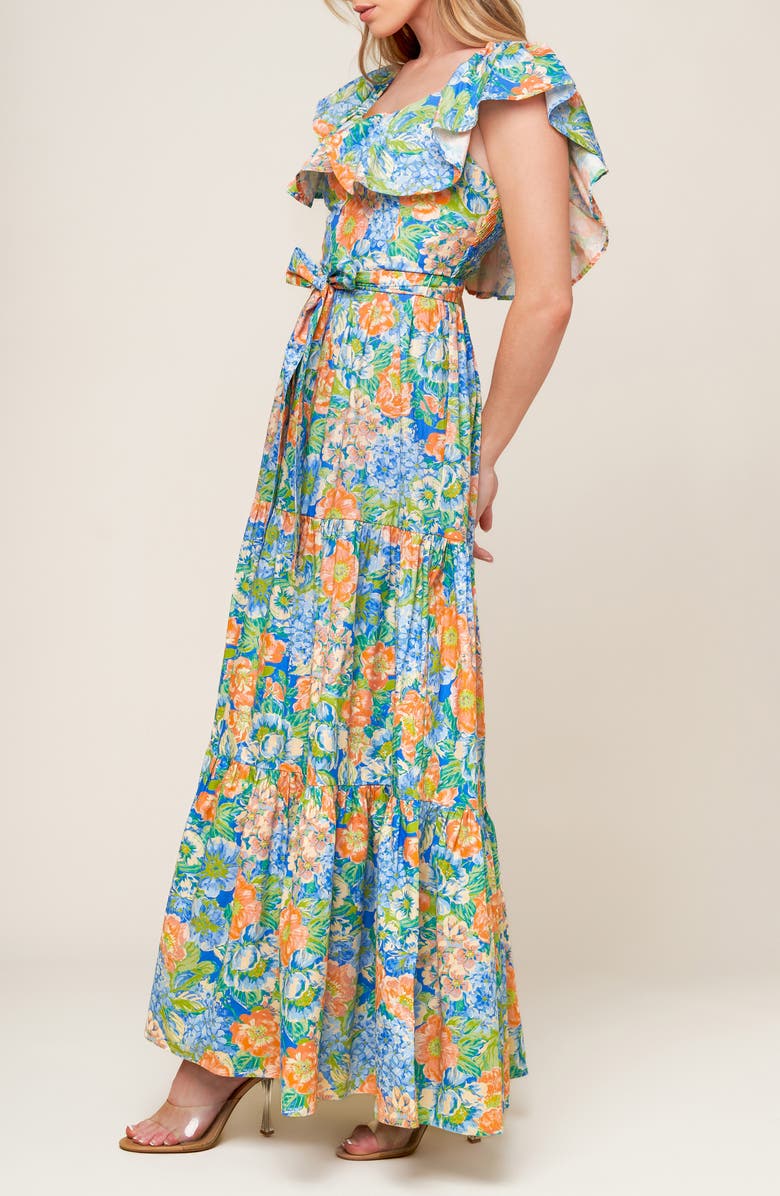 FLYING TOMATO Floral Ruffle Cap Sleeve Cotton Maxi Dress, Alternate, color, Coral/ Powder Blue