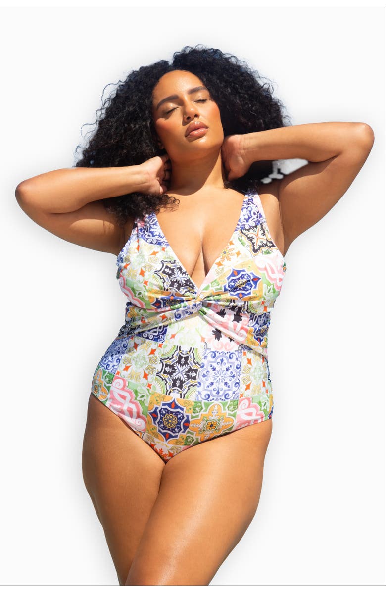 FASHION-SZN CURVE Curve Twist Front Sculpting Swimsuit, Main, color, Multi