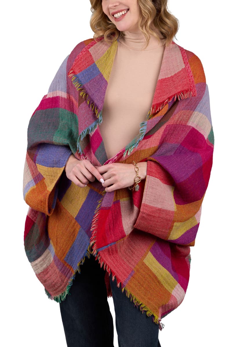 SAACHI Rainbow Plaid Wool Ruana, Main, color, Yellow Multi