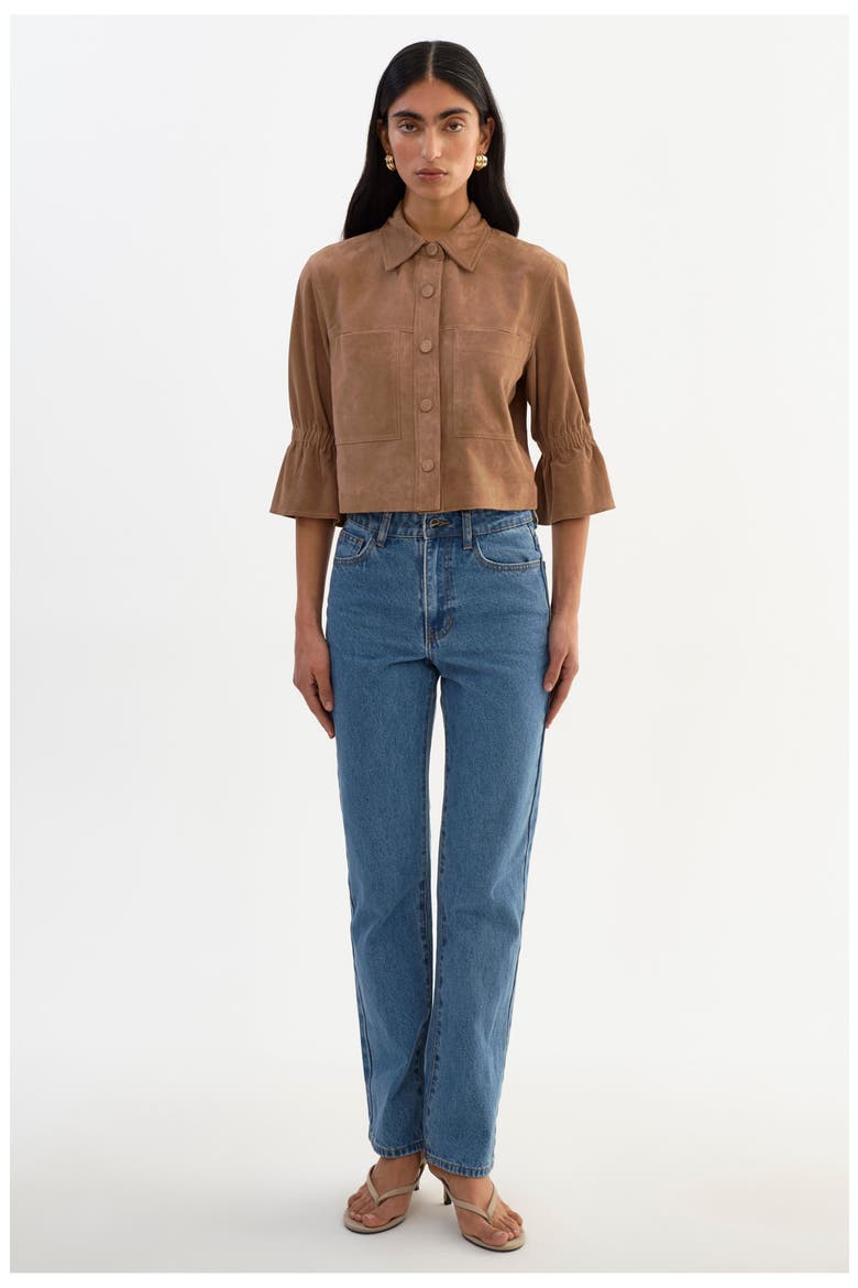 Carolina S | Suede Ruffle Sleeve Jacket, Main, color, Latte