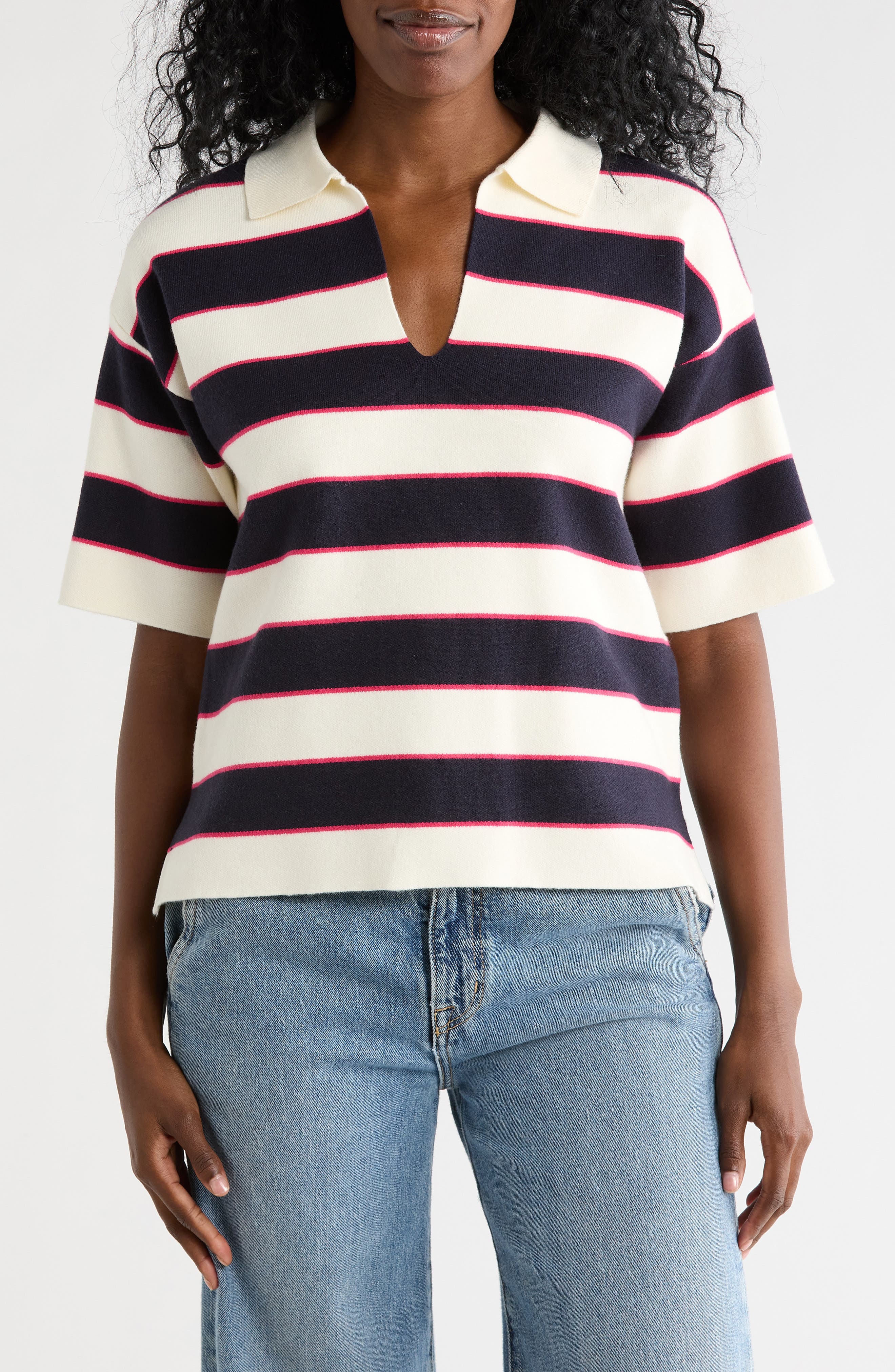 T Tahari Stripe Short Sleeve Polo Sweater
