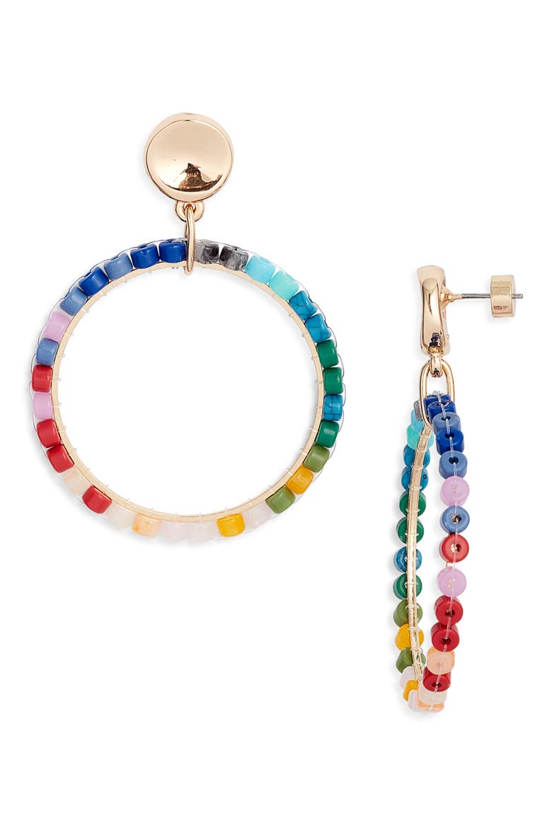 Beaded Hoop Drop Earrings, Main, color, BRIGHT MULTI- GOLD