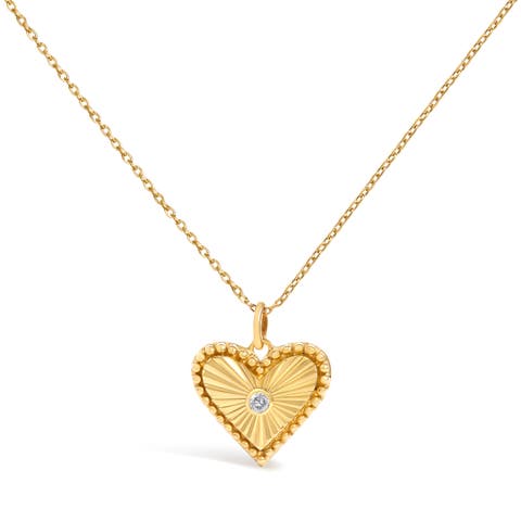 14K Yellow Gold Diamond Accent Heart Fluted Medallion Pendant Necklace
