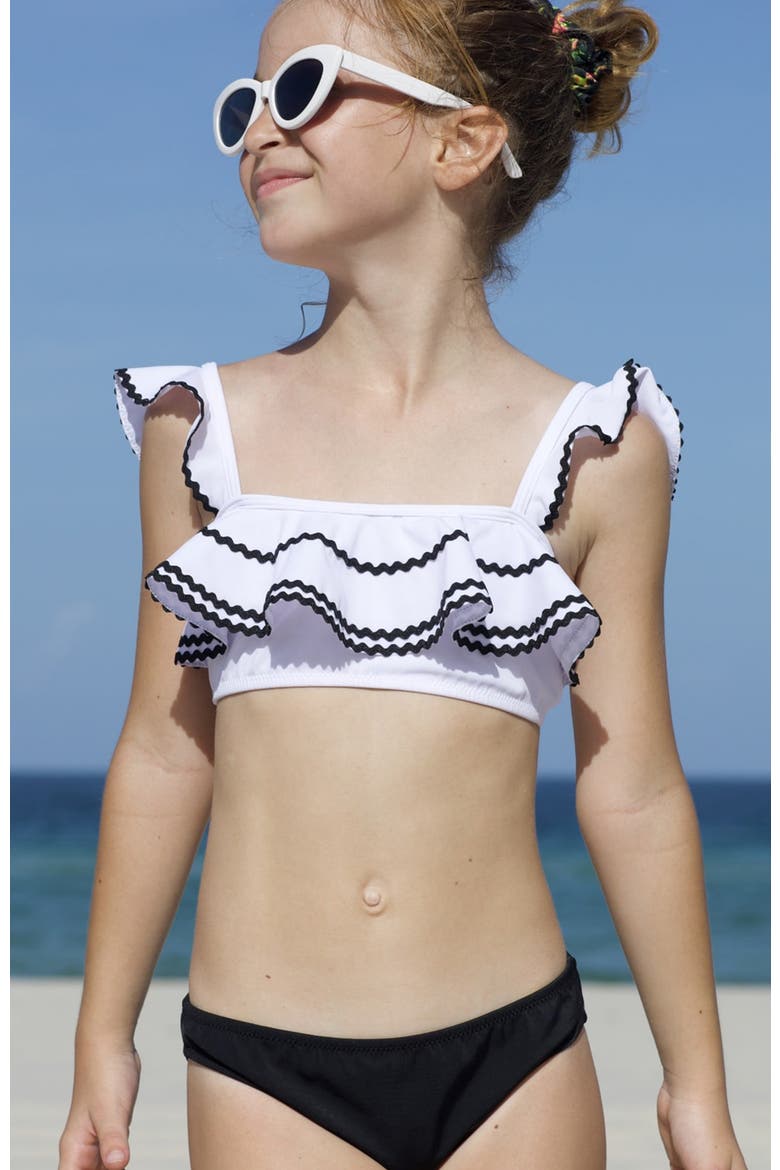 Kids' Ruffle Ric-Rac Trim Two-Piece Swimsuit, Alternate, color, White-Black