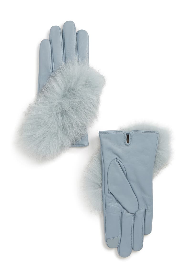 Lambskin Leather Touchscreen Gloves with Genuine Fox Fur Trim, Main, color, HIMALAYAN ICE