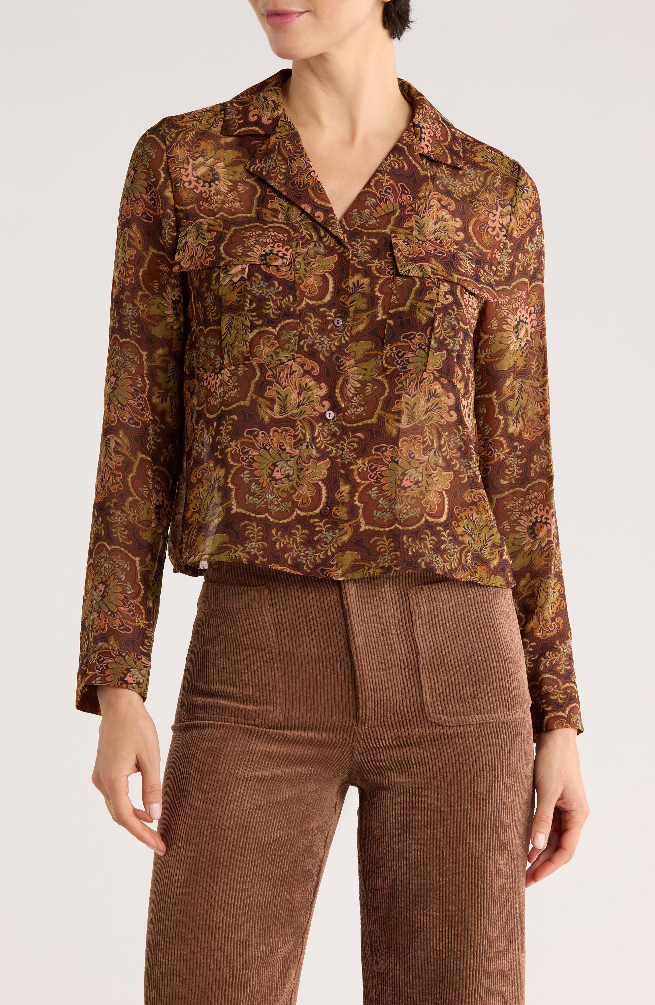 T Tahari Print Long Sleeve Crop Blouse