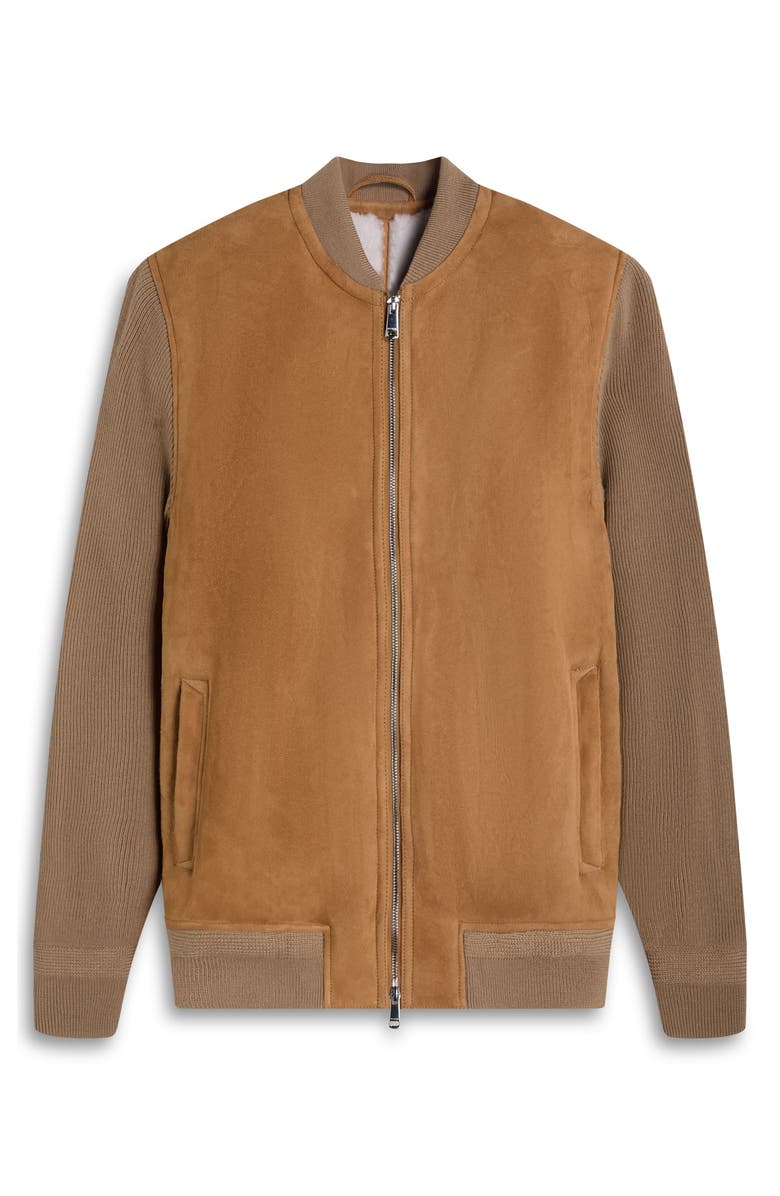 Bugatchi Genuine Shearling & Merino Wool Rib Bomber Jacket, Alternate, color, Tan