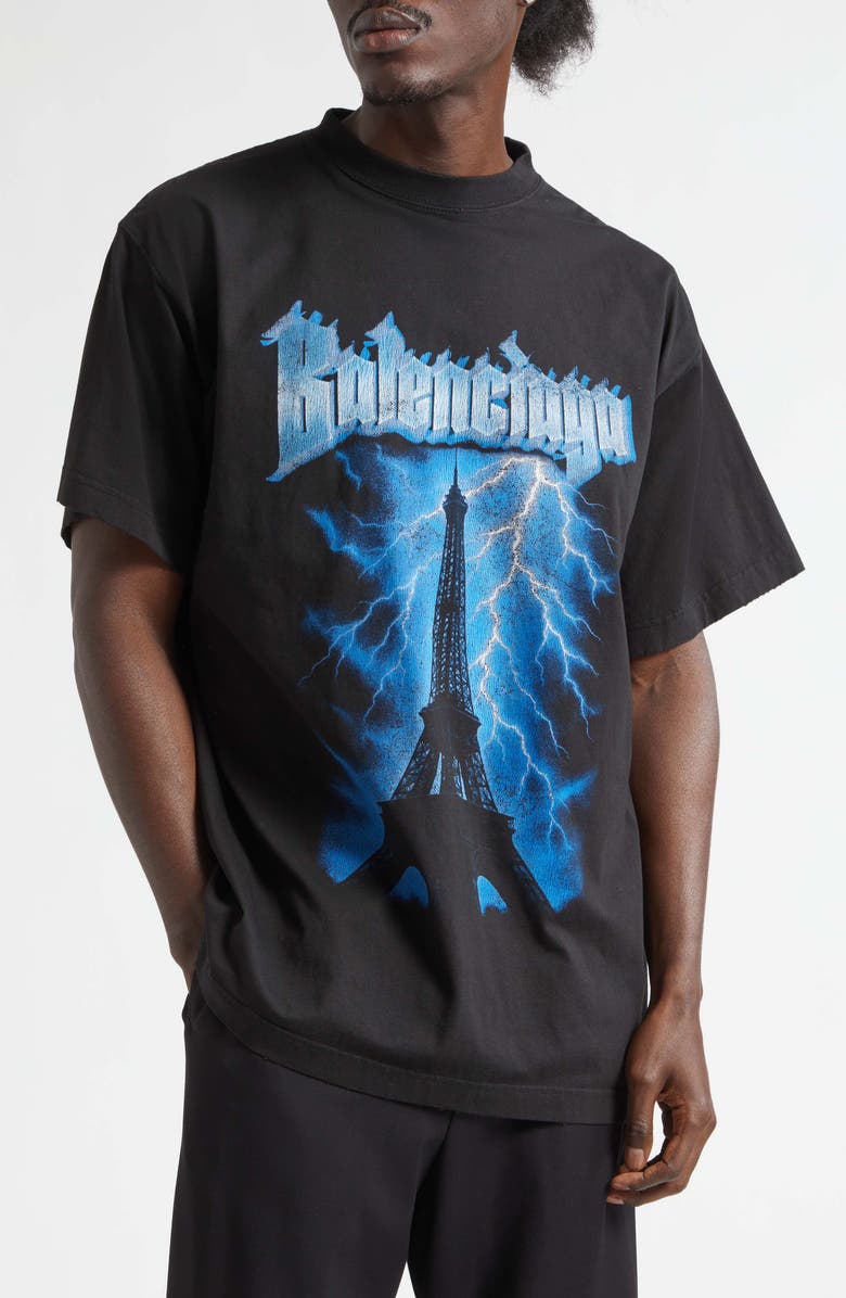 Balenciaga Paris Thunderstorm Oversize Graphic T-Shirt, Main, color, 1000 Black