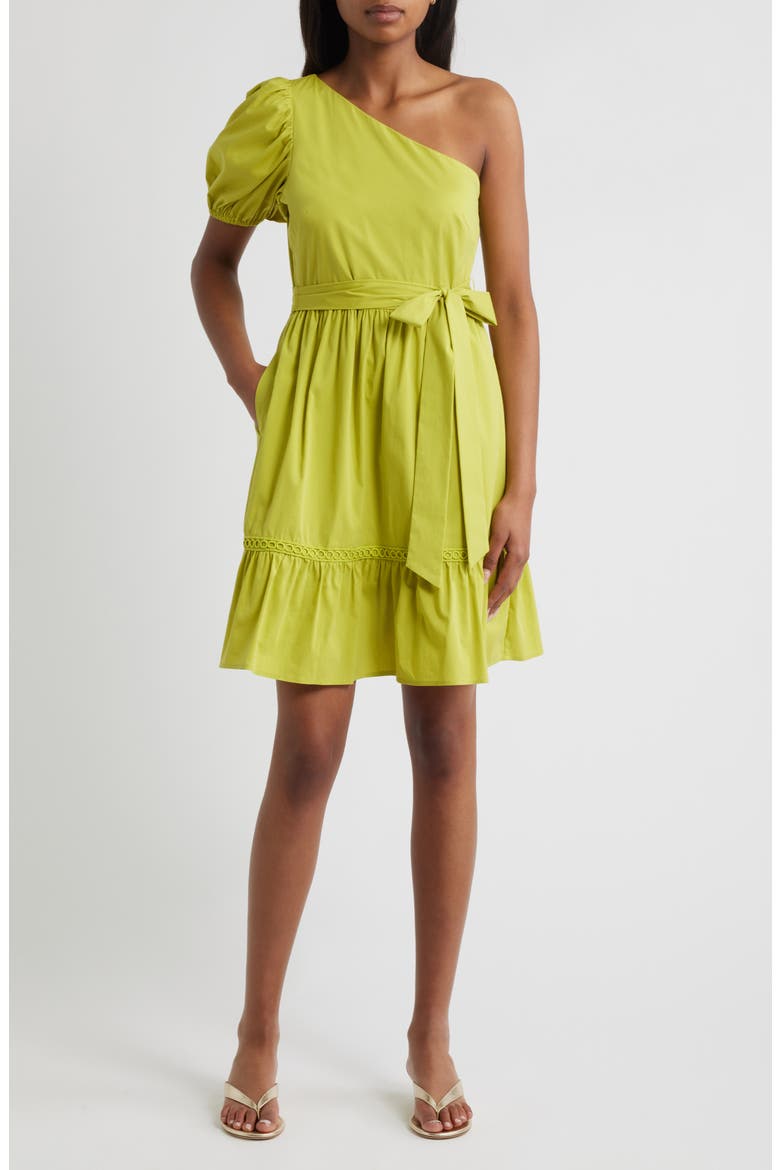 One-Shoulder Puff Sleeve Cotton Blend Dress, Main, color, CITRON ZEST