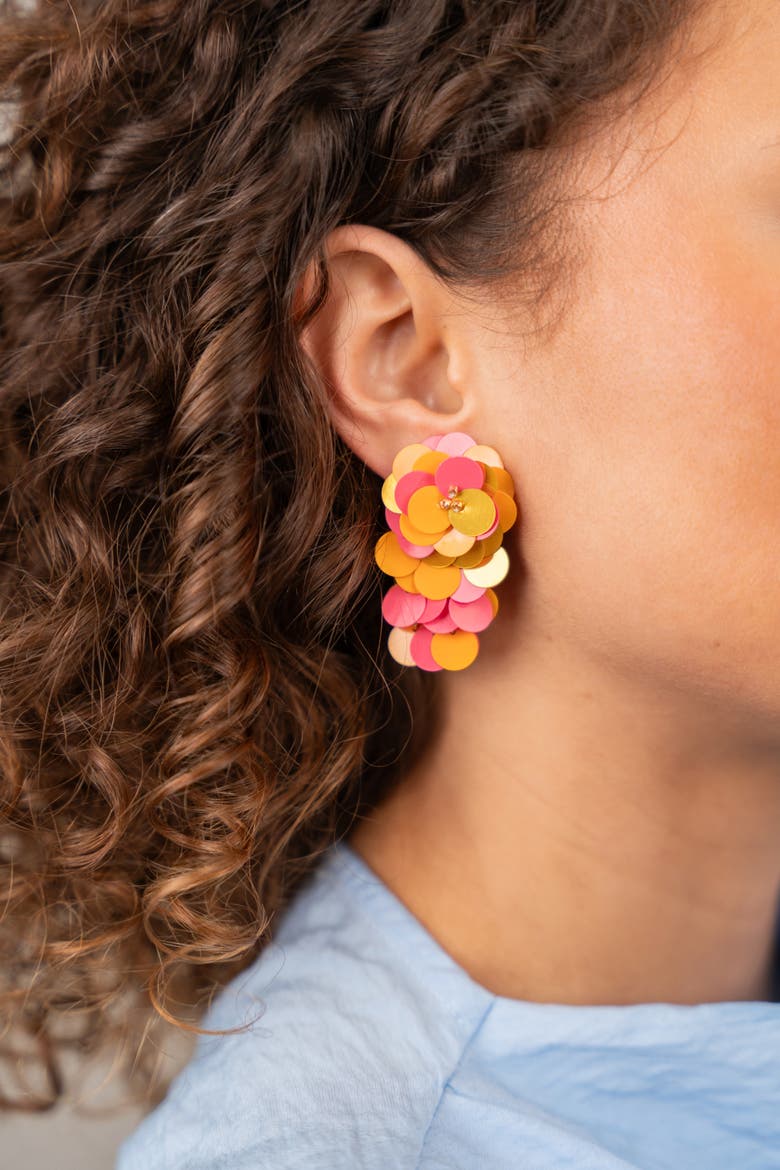 Sequin Flower Waterfall Statement Earrings in Sunset Mix, Alternate, color, Sunset Mix