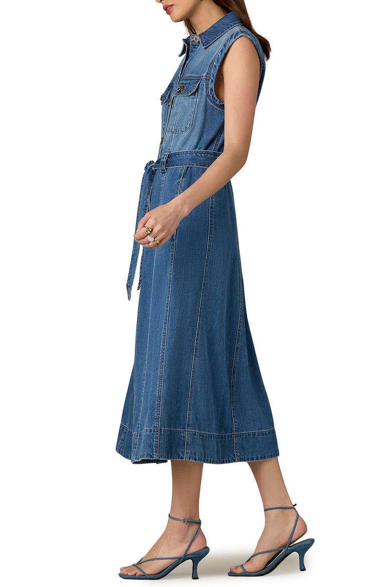 Sleeveless Tie Belt Cotton Denim Shirtdress, Alternate, color, MID BLUE