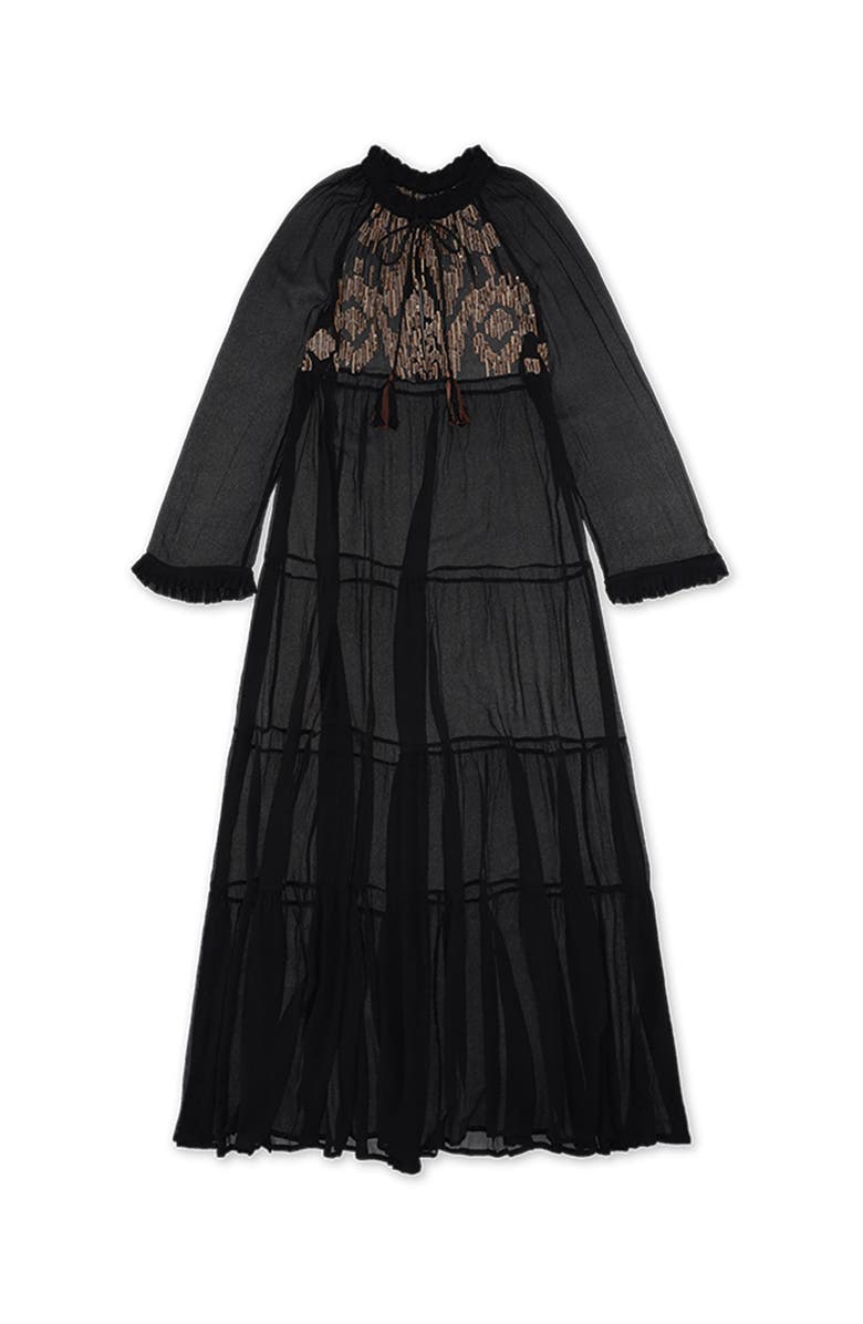 Fortela Arsia Embroidered Silk Chiffon Kaftan Dress, Main, color, Black