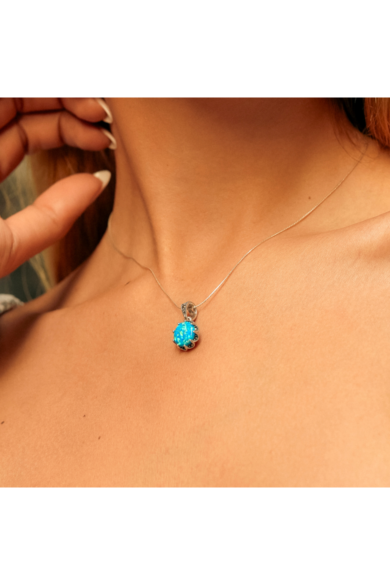 Round Opal High Quality Sterling Silver Pendant Necklace, Alternate, color, Dark opal