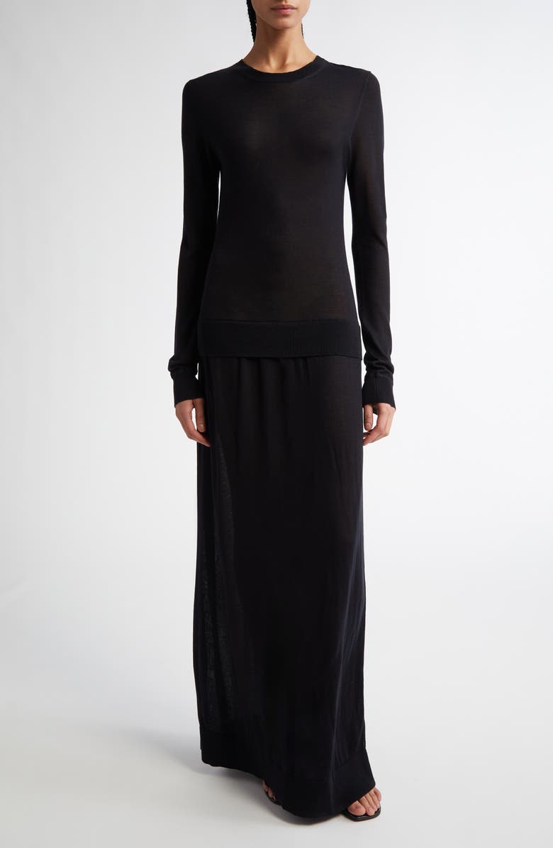 TOTEME Long Sleeve Fine Knit Silk & Cupro Sweater Dress, Main, color, Black