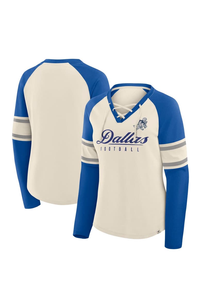 FANATICS Women's Fanatics Cream/Royal Dallas Cowboys Hometown Gridiron Hero Raglan Lace-Up V-Neck Long Sleeve T-Shirt, Main, color, Cream