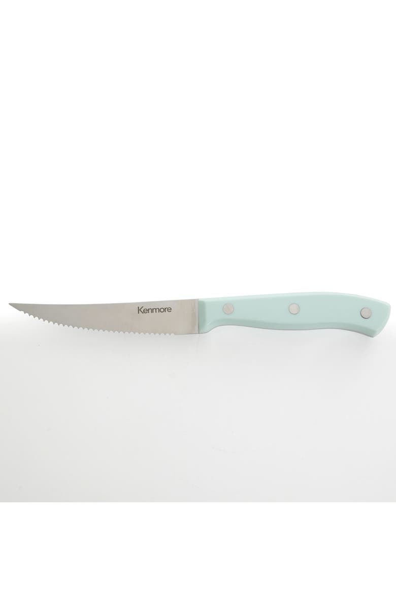 Kenmore Kane 14 Piece Stainless Steel Cutlery Set in Glacier with Rubber Wood Block, Alternate, color, Glacier Blue