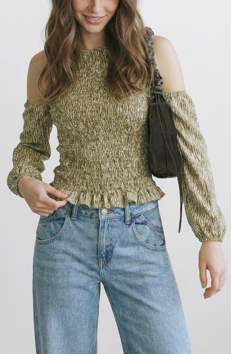 MANGO TEEN Smocked Cold Shoulder Top, Main, color, 