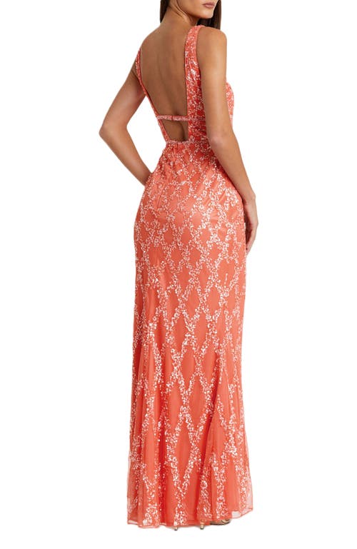 Mac Duggal Sequined Plunge Neck Sleeveless Column Gown In Coral