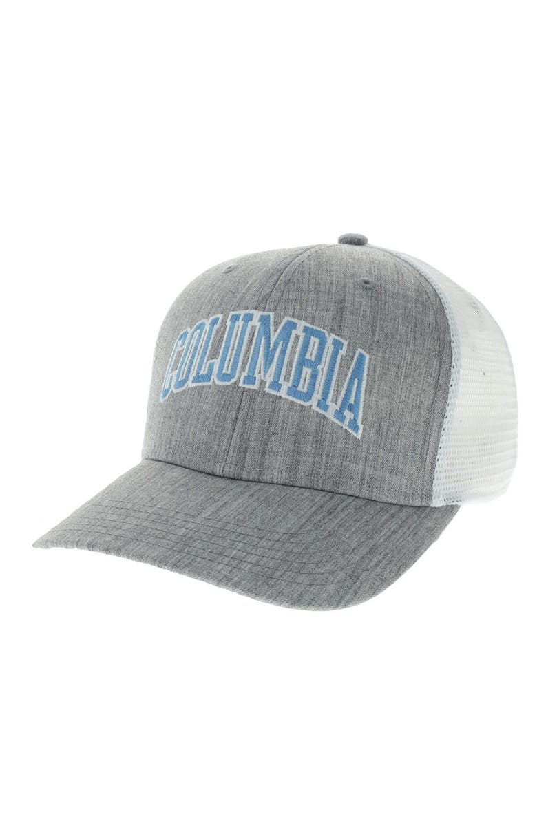 LEGACY ATHLETIC Men's Heather Gray/White Columbia University Arch Trucker Snapback Hat, Main, color, 
